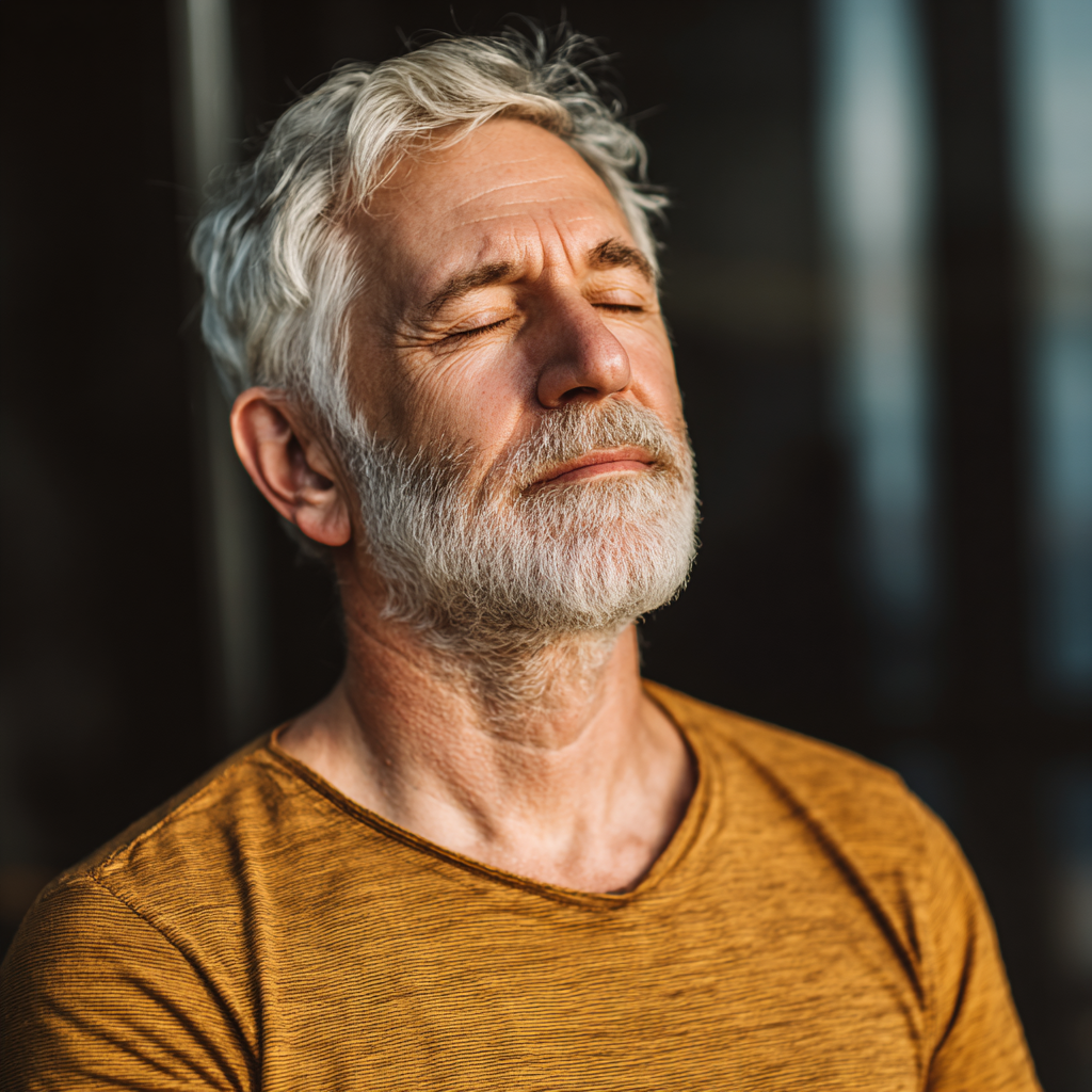 Focused older adult man in meditation or contemplative pose