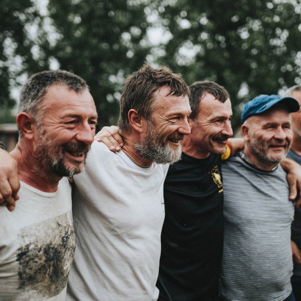 Group of middle-aged men supporting each other during outdoor activity