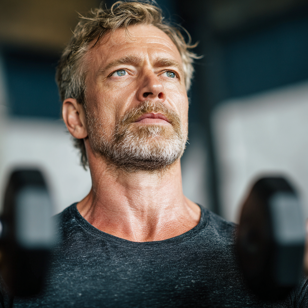 Middle-aged man focused during strength training session